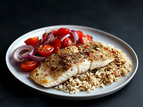Za'atar-Crusted Baked White Fish with Lemon Herb Brown Rice
