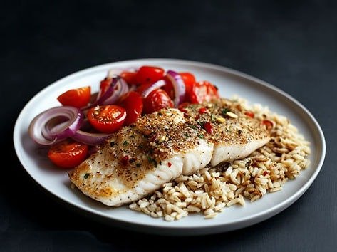 Za'atar-Crusted Baked White Fish with Lemon Herb Brown Rice