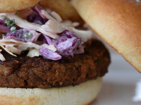 Ultimate Mushroom Burger With Rainbow Slaw & Onion Rings
