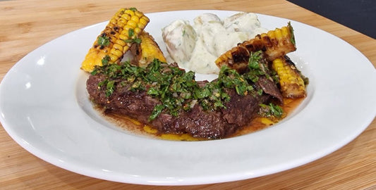 Chimichurri Steak with Honey-Charred Corn & Garlic-Lime Potatoes