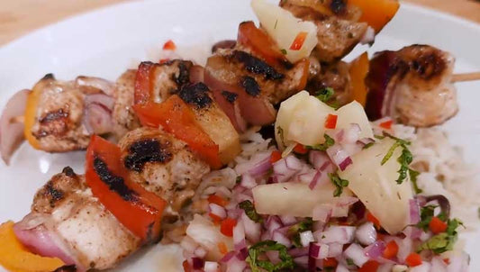 Jerk Chicken Skewers with Pineapple Salsa & Rice and Peas