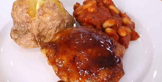 Sticky Ultimate BBQ Chicken with BBQ Beans & Jacket Potatoes