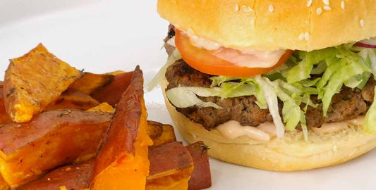 Ultimate Burgers with Tray-Baked Sweet Potato Wedges & Burger Sauce