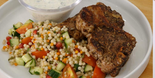 Za’atar Lamb Chops with Minty Yoghurt & Giant Couscous Salad