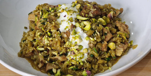 Ras El Hanout Chicken & Freekeh Pilaf with Lemon, Pistachio and Herbs